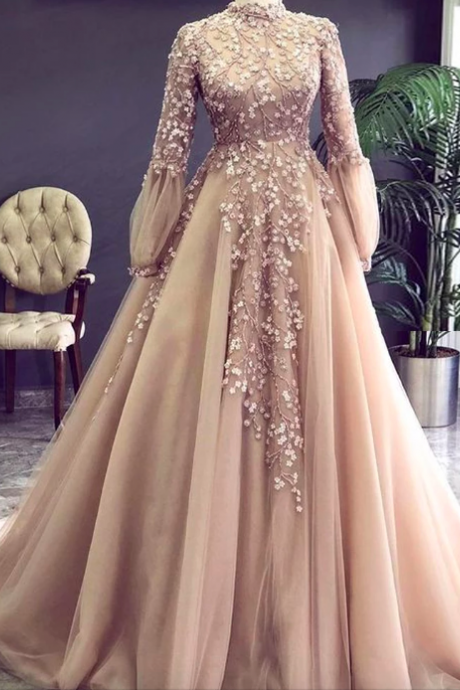 Champagne Arabic Muslim Evening Dresses Long Sleeves Appliques Flowers Beading Evening Gowns A-line Tulle Formal Prom Dress