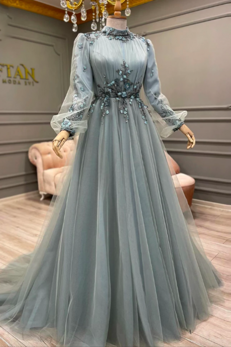 Dusty Blue Long Sleeve Muslim Evening Gowns A Line Tulle Beading Flowers Elegant Arabic Dubai Formal Prom Dresses Robe De Mariée