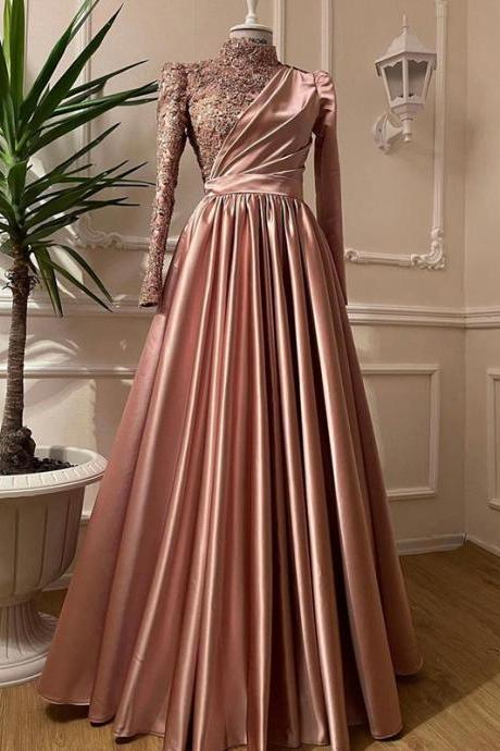Appliques Long Sleeve Muslim Evening Dresses Arabic Dubai Prom Formal Party Gowns High Neck Robe De Soiree Moroccan