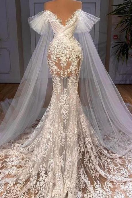 See Through Mermaid Wedding Dresses Lace Appliques Sheer Neck With Wrap Bridal Gown Formal Illusion Tulle Vestidos De Novia