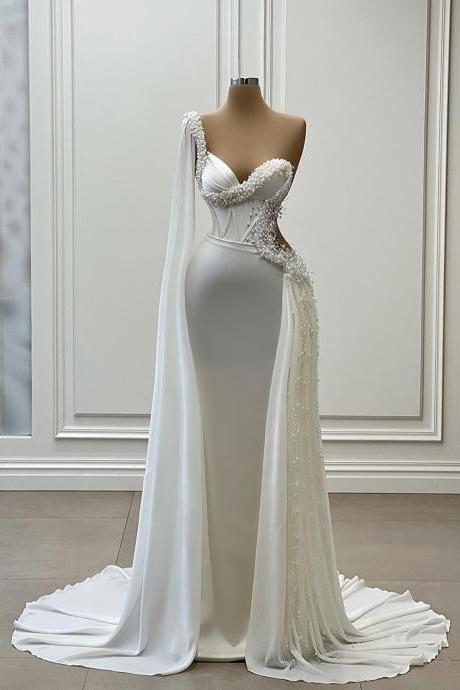 White Elegant Prom Dress Sweetheart One-shoulder Mermaid Beads Sweep Train Evening Wedding Gowns Custom Cut-out Vestidos De Gala