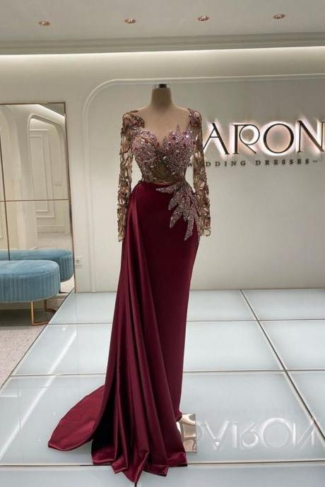 Formal Burgundy Sheer Neck Mermaid Prom Dresses Lace Appliques Sequined Long Sleeves Evening Gowns For Women Robes De Soirée