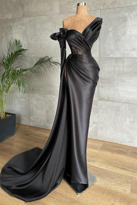Sexy Off Shoulder Mermaid Evening Dresses 2022 Black Prom Dress With Sleeves Formal Party Night Gown Long Satin