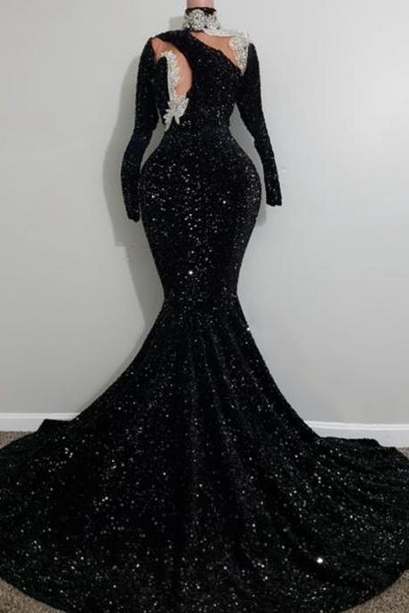 Sexy High Neck Long Sleeve Sparkly Black Sequin African Black Girls Mermaid Long Prom Dresses 2022
