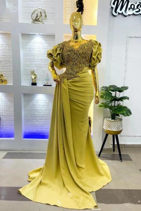 Luxury Sparkle Crystals Mermaid Prom Dresses Arabic Aso Ebi Sheer Neck Ruched Puff Sleeves Formal Evening Pageant Gowns Satin Peplum Second