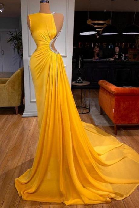 Yellow Prom Dresses, Pleats Prom Dresses, A Line Prom Dresses, Chiffon Prom Dresses, Crystal Prom Dresses, Sexy Evenng Dresses, Custom Make