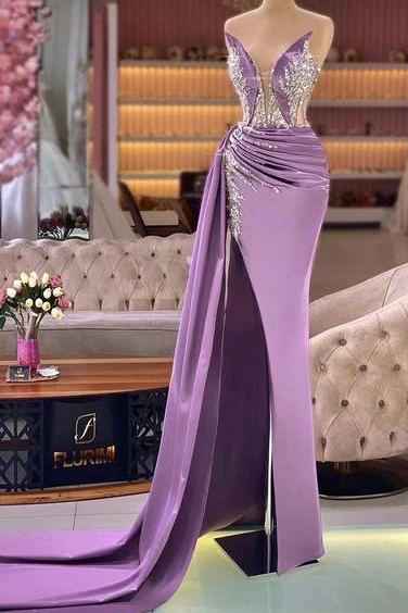 Purple Prom Dresses, Sexy Prom Dresses, Arabic Prom Dresses, Crystal Prom Dresses, Sequins Prom Dresses, Beaded Evening Dress, Mermaid Prom