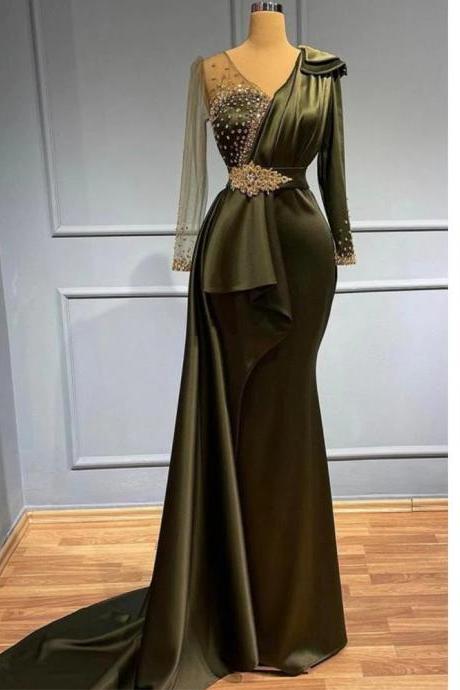 Luxury Women's Sexy V-neck Evening Dresses Satin Pleated Shiny Beads Prom Gowns Formal Fashion Celebrity Party 2023 Robe Vestido