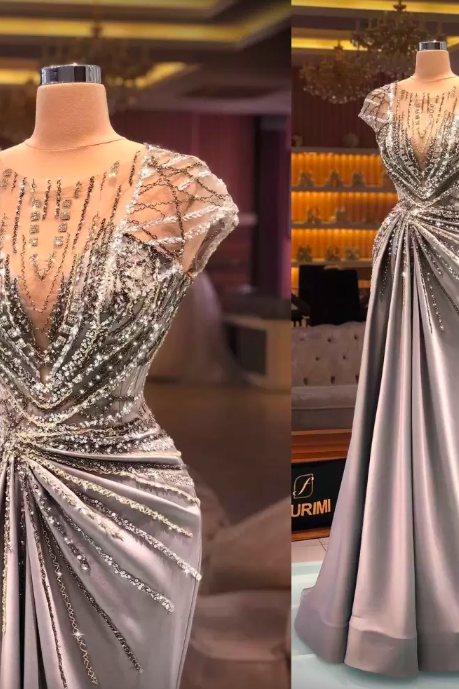 2023 Arabic Sexy Luxury Prom Dresses Jewel Neck Illusion Cap Sleeves Crystal Beading Sequins Bling Formal Party Dress Evening Gowns Plus Size