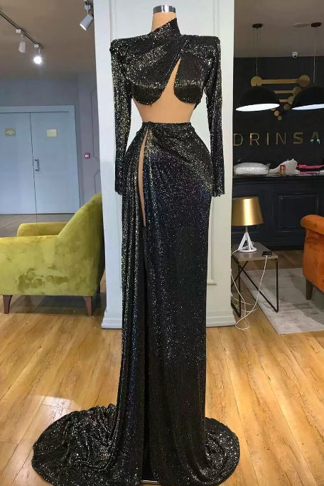 Sexy Black Sequined Mermaid Prom Dresses High Neck Long Sleeve Side Split Plus Size Formal Evening Occasion Gowns 2023