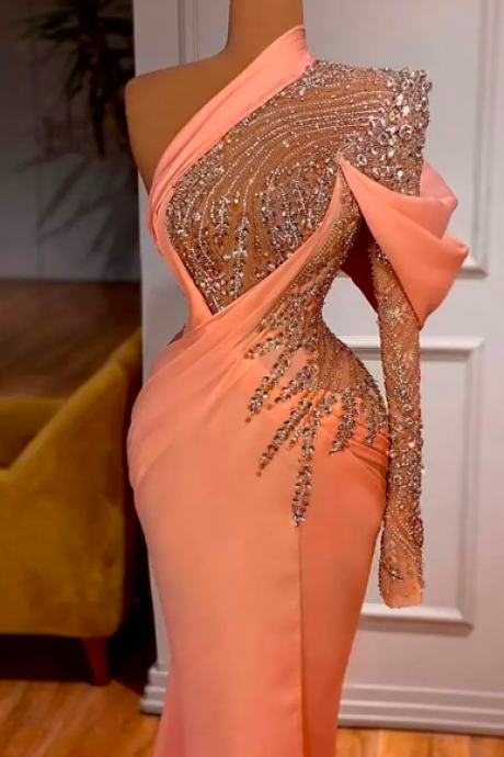 2023 Arabic Sexy Prom Dresses One Shoulder Illusion Long Sleeves Peach Crystal Beads Mermaid Evening Dress Party Pageant Formal Gowns Plus Size