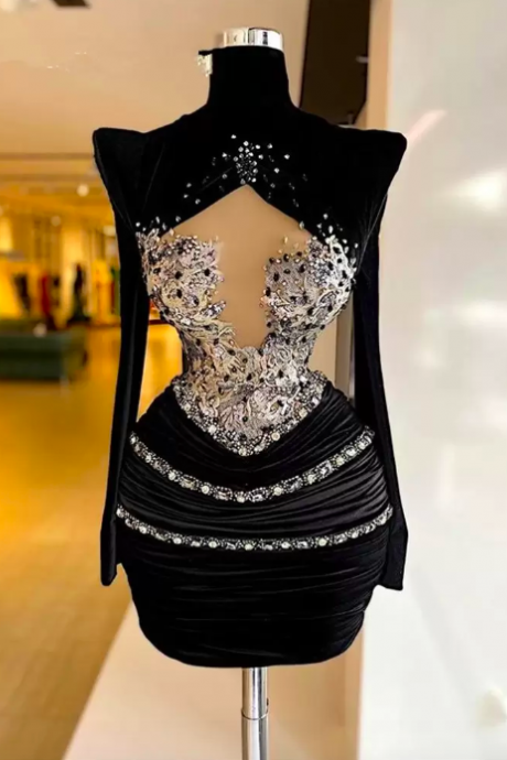 2023 Black Velvet High Neck Short Prom Dress Evening Dresses For Women Mermaid Beaded Crystal Party Gown Pleats Mini Robes