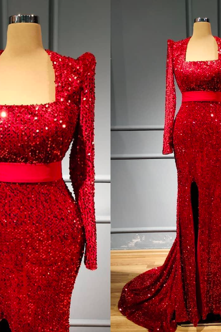 2023 Arabic Aso Ebi Red Sparkly Mermaid Evening Dresses Long Sleeves Sequined Prom Dresses Formal Party Second Reception Gowns