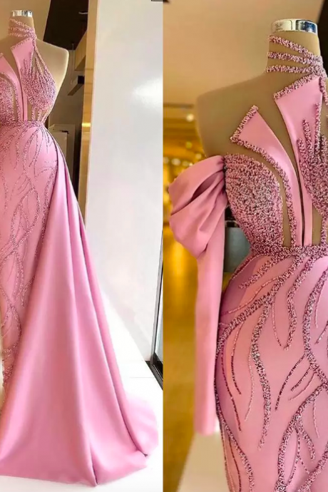 Pink Mermaid Prom Dresses Sexy Sequins Beads Satin One Shoulder One Long Sleeve Glitter Elegant Floor Length High Waist Evening Formal Dresses