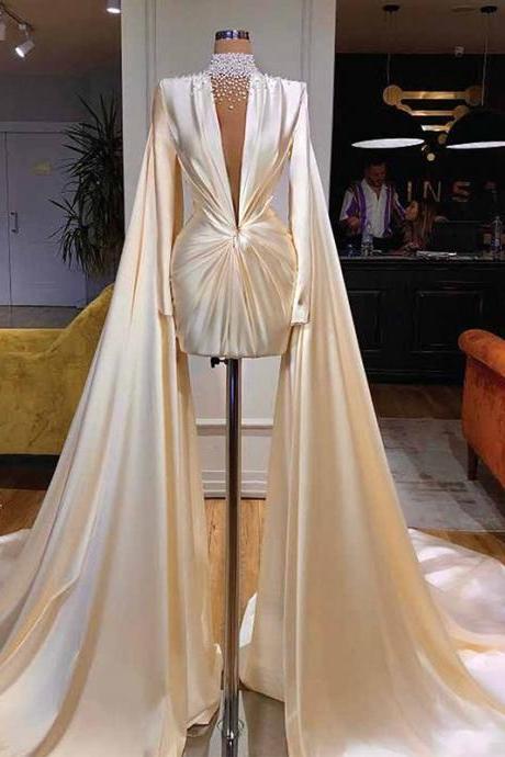 Elegant High Neck Prom Dresses Long Sleeves Evening Party Gown For Women Simple Soft Satin Beading Formal Robes De Soirée