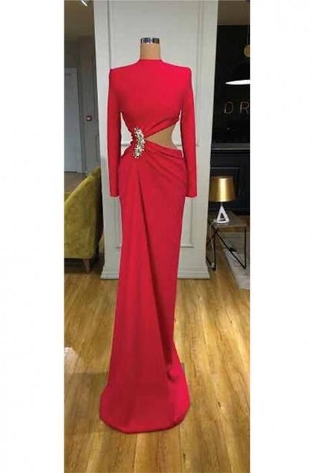 Elegant High Neck Beaded Prom Dresses Long Sleeves Evening Party Gown For Women Simple Soft Satin Formal Robes De Soirée