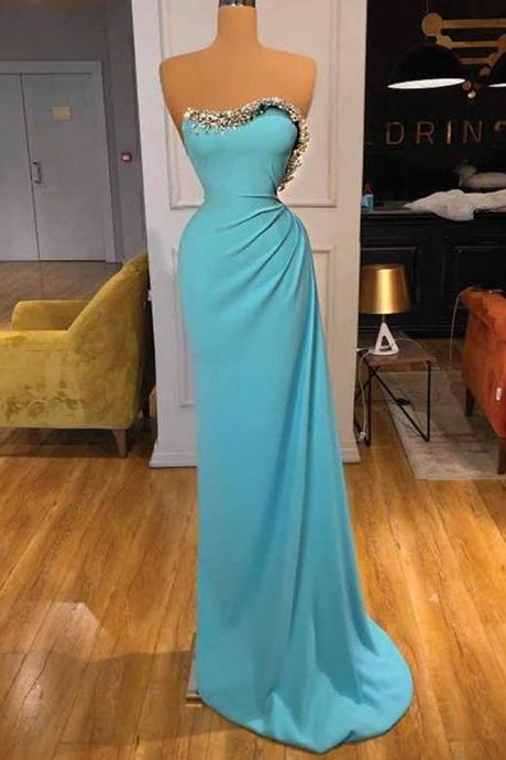 Sexy Strapless Beading Prom Dresses Sleeveless Simple Pleated Evening Formal Party Gown For Women Custom Made Vestidos De Gala