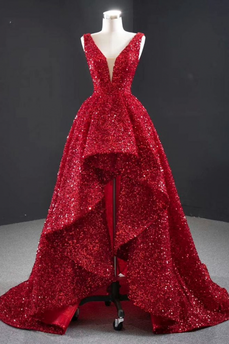 Red Luxury Glamorous V-neck Sequin High And Low Evening Gowns For Women 2023 Elegant Long Party Dress Dubai