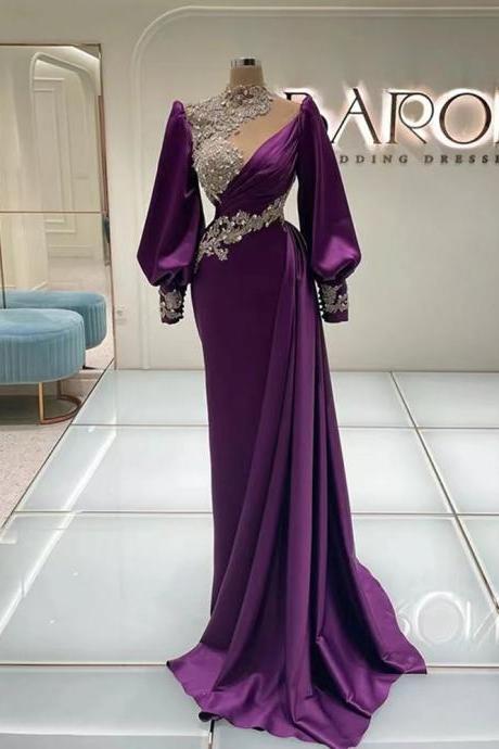 Arabic Purple High Neck Lace Appliques Mermaid Evening Dresses 2023 Luxury Sequined Long Sleeves Prom Gown Party Dress