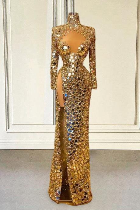 Shiny Sequin Gold Evening Dress Luxury 2022 Mermaid Long Sleeves High Slit Sexy African Women Formal Prom Party Gown
