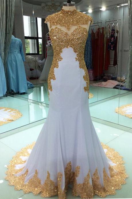 Elegant White Muslim Evening Dresses Long Luxury 2023 Mermaid With Gold Embroidery Beads Crystal Women Formal Party Prom Gowns