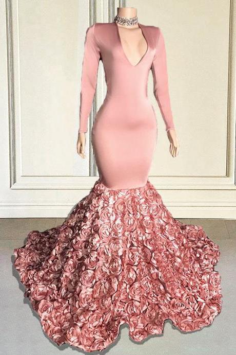 Custom Pink Prom Dresse Meiamid 2023 Plus Size V Neck Long Sleeves 3d Flowers African Formal Party Evening Gowns For Wedding