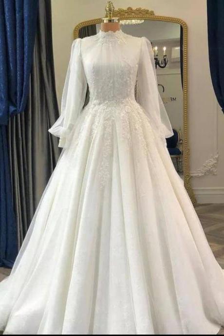 High Neck Muslim Wedding Dress 2023 Long Sleeves Bridal Gown Lace Flowers Tulle Bride Dresses Vestidos De Novia