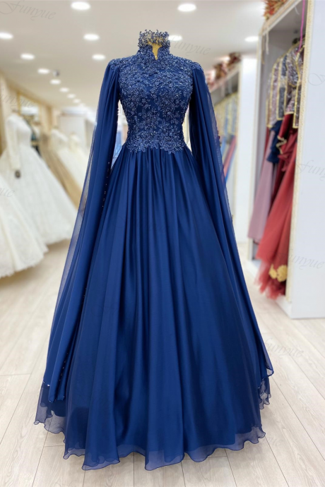 Abendkleider Royal Blue Hijab Formal Dress A-line Robe De Soirée De Mariage Lace Muslim Evening Gowns Long Sleeves Prom Dresses