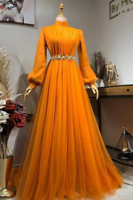 Orange Islamic Musilm Prom Evening Dresses Long Sleeve High Neck A-line Tulle Dubai Arabic Formal Gown Robe De Soirée De Mariage