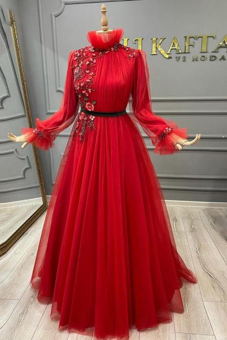 Elegant Long Sleeves Formal Dresses for Women Flowers Red A Line Tulle Arabic Dubai Evening Party Gowns Prom Robes De Soirée