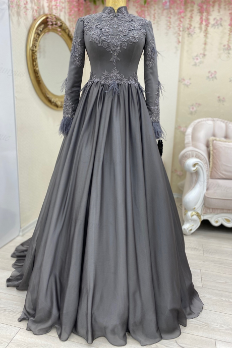 Elegant Gray Dubai Muslim Formal Dress Robe De Soirée Femme Lace Beaded A-line Wedding Party Dresses Evening Prom Gowns Real