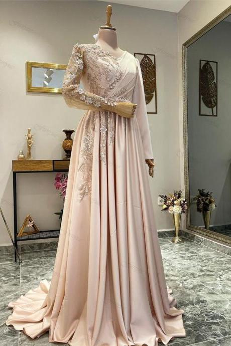 A-Line Pink Muslim Evening Dresses Long Luxury 2023 Beading Flowers Lace Women Formal Dress With Sleeves Satin Vestidos De Gala
