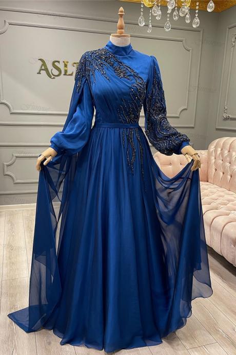 A-line Muslim Evening Dresses Long Luxury 2023 Beading Flowers Lace Women Formal Dress With Sleeves Satin Vestidos De Gala