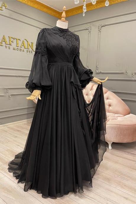 Black Evening Dresses Long Sleeves Beading Chiffon A-Line Formal Prom Party Gown 2023 High Neck abiye gece elbisesi