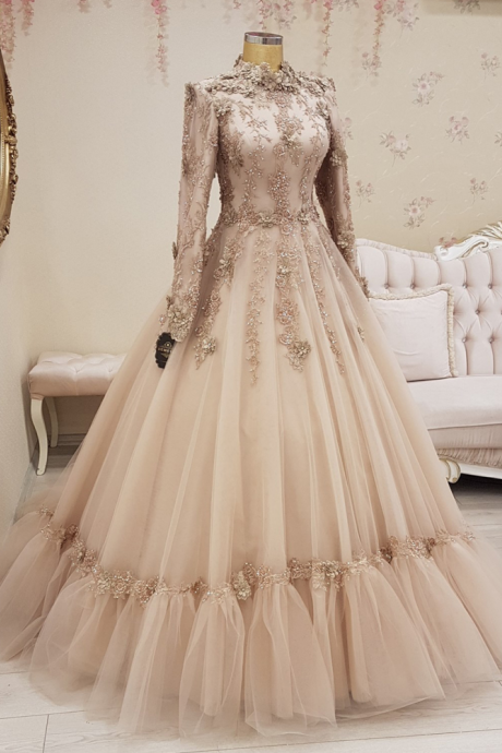 Delicate Champagne Appliques Lace Prom Dress 2023 Elegant Long Sleeve A-line Tulle Long Formal Evening Gown فساتين السهرة