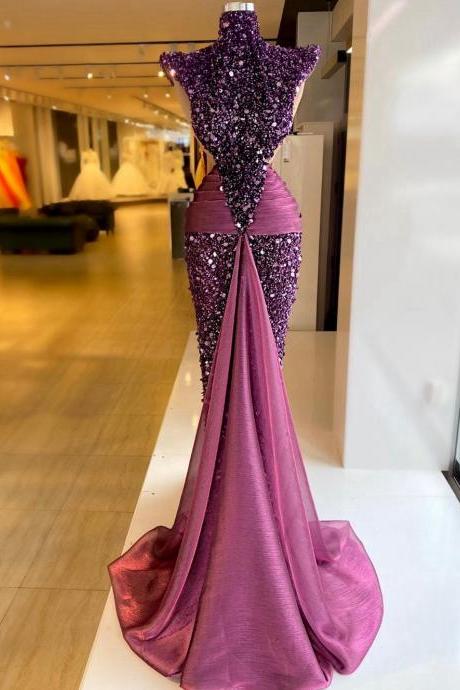 Sparkling Sequins Mermaid Prom Dresses High Neck Sleeveless Organza Women Pageant Dressing Gowns Evening Dress 2023