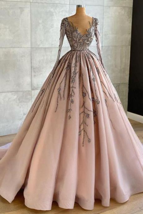 Luxury Elegant Prom Dresses Long Sleeves V Neck Appliques Pleated Ball Gown Floor Length Women Evening Party Custom Made