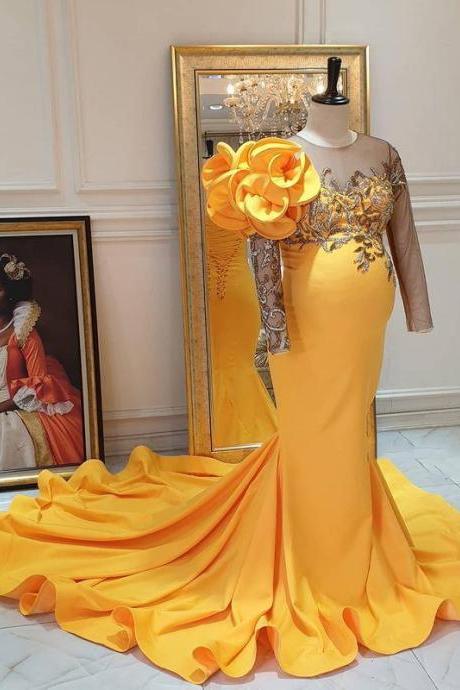 2023 Mermaid Pregnant Prom Dresses Yellow Plus Size Arabic Sheer Neck Crystal Beading Illusion Long Sleeves Ruffles Maternity Evening Formal