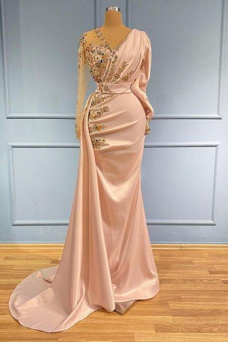 2023 Sexy Mermaid Prom Dresses Plus Size Arabic Luxurious Blush Pink V Neck Beaded Crystals Satin Evening Formal Party Dress Illusion Long
