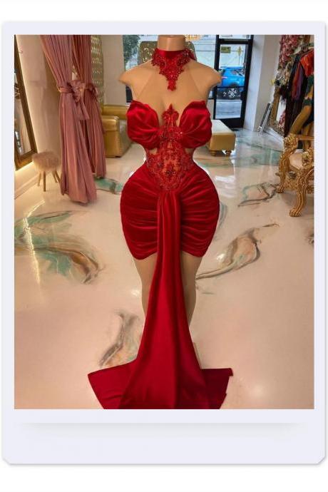 2023 Red Velvet Prom Dresses 2022 For Black Girls Homecoming Dress Africa Party Gown Mermaid Mini Cocktail Gowns Halter Robe De Bal