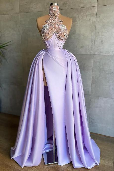 2023 Lilac High Neck Prom Dresses Beaded Ruffles Overskirt Satin Crystal High Split Custom Made Evening Gown Formal Occasion Wear Vestidos
