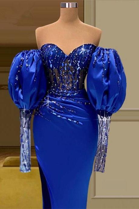 Royal Blue Mermaid Beaded Prom Dresses 2023 Off Shoulder Party Dresses Puff Sleeves Side Split Custom MadeFormal Birthday Evening Dress