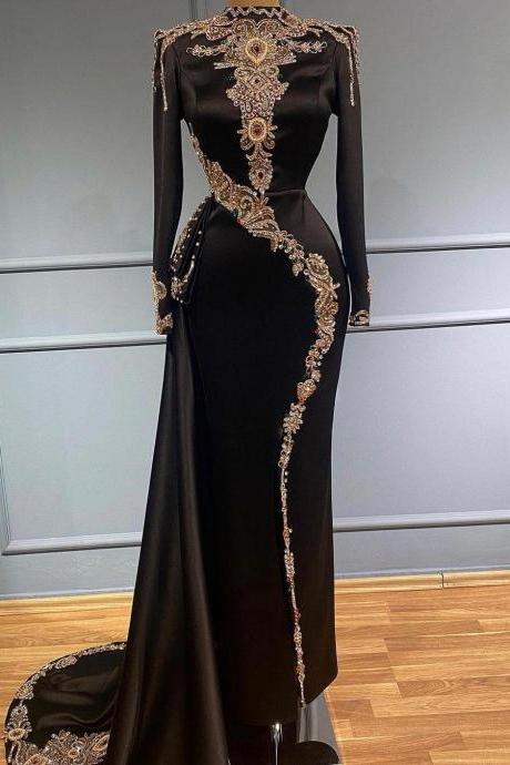 2023 Black Prom Dresses Arabic Aso Ebi Muslim Lace Beaded Crystals Long Sleeve Evening Formal Party Second Reception Engagement Gowns