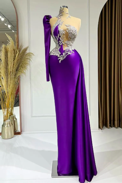 2023 Arabic Purple Mermaid Prom Dresses High Neck Beaded Sequined One Shoulder Long Evening Formal Party Second Reception Gowns