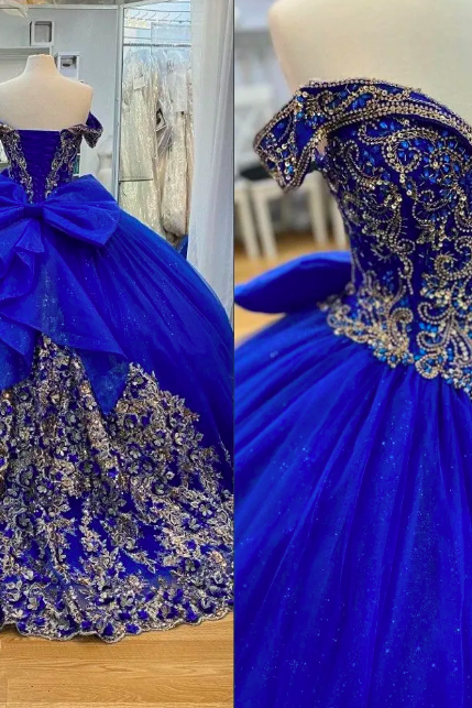 Sparkly Royal Blue Prom Dresses 8th Grade 2023 Beading Crystal Gold Floral Lace Applique A-line Quinceanera Dress Sweet 15 Formal Party Off The
