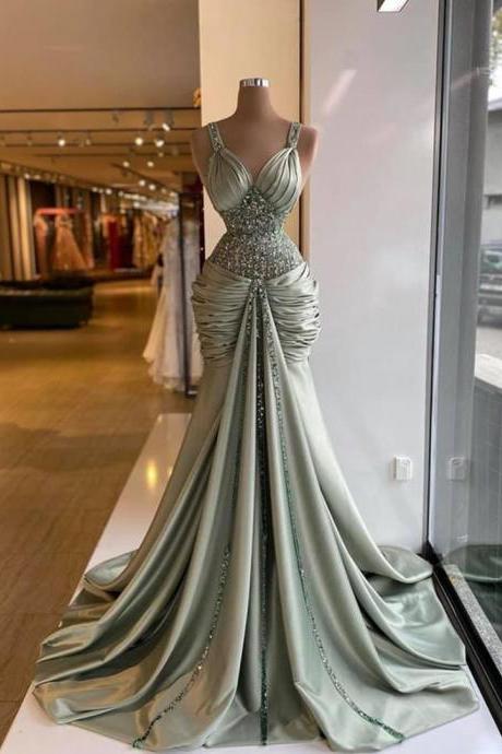 Modest Mint Green Mermaid Prom Dresses 2023 Vintage Crystal Long Prom Gowns Lace Up Formal Event Party Dress Real Image