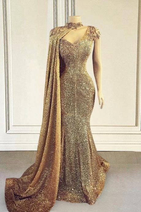 One Shoulder Gold Evening Dress Long Luxury 2022 Mermaid Sparkly Sequin Beads With Shawl Dubai Women Formal Dress Prom Gowns