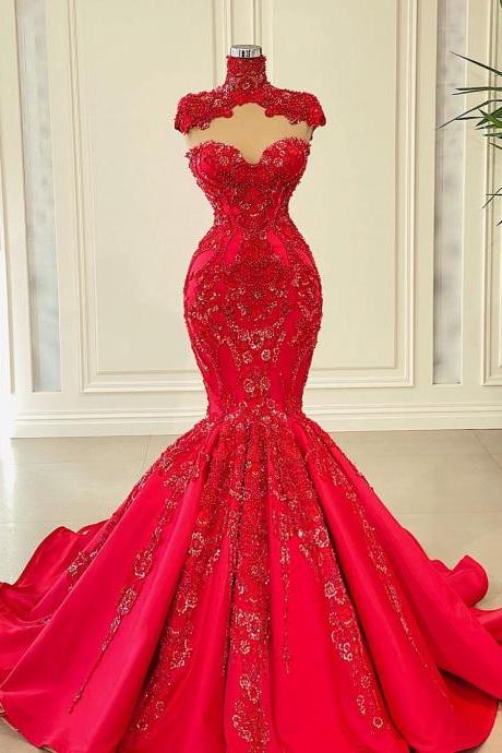 Luxury Red Evening Dresses Detachable High Neck Crystals Beaded Mermaid Women Pageant Dressing Gowns Ruffles
