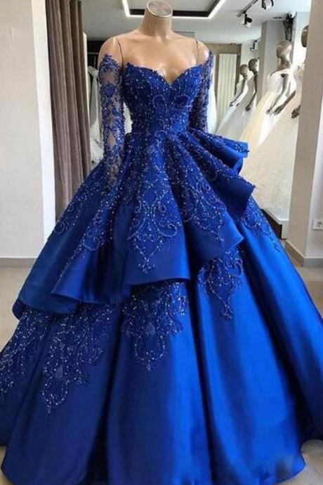 Ball Gown Long Sleeve Royal Blue Prom Dresses With Detachable Skirt Luxury Beaded Chic Long Evening Dress Special Gowns
