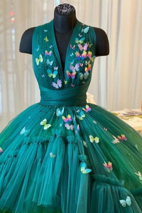 Gorgeous Elegant Prom Dresses V Neck 3d Butterfly Appliques Tulle Ball Gown Women Formal Long Evening Party Gowns Custom Made